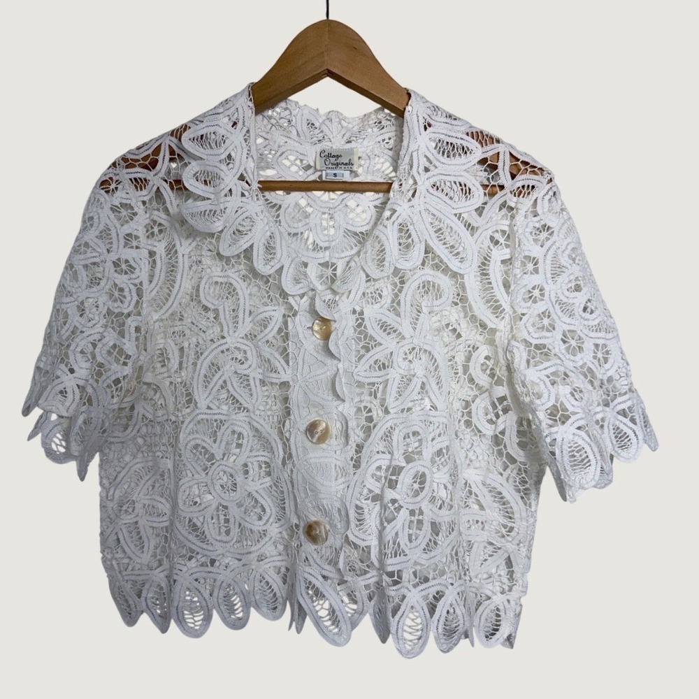 Cottage Originals Cardigan S White Lace Cropped Cotton Vintage Romantic Dainty